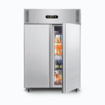 Image of a 1300L stainless steel upright storage fridge with one door opene with frozen food inside.