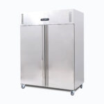Image of a 1300L stainless steel upright storage fridge with one door, right view.