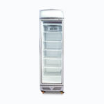 Image of a 300L stainless steel/white upright display freezer with lightbox and one door, front view.
