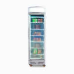 Image of a 300L stainless steel/white upright display freezer with lightbox and one door, front view with frozen food inside.