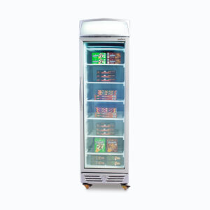 Image of a 300L stainless steel/white upright display freezer with lightbox and one door, front view with frozen food inside.