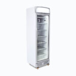 Image of a 300L stainless steel/white upright display freezer with lightbox and one door, left angled view.