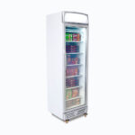 Image of a 300L stainless steel/white upright display freezer with lightbox and one door, left angled view with frozen food inside.