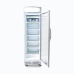 Image of a 300L stainless steel/white upright display freezer with lightbox and one door opened.