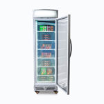 Image of a 300L stainless steel/white upright display freezer with lightbox and one door opened with frozen food inside.