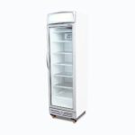 Image of a 300L stainless steel/white upright display freezer with lightbox and one door, right angled view.