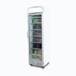 Image of a 300L stainless steel/white upright display freezer with lightbox and one door, right angled view with frozen food inside.