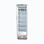 Image of a 300L stainless steel/white upright display freezer with one door, front view.