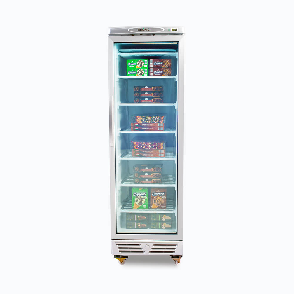 Image of a 300L stainless steel/white upright display freezer with one door, front view with frozen food inside.