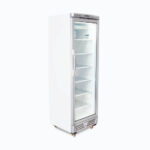 Image of a 300L stainless steel/white upright display freezer with one door, left angled view.