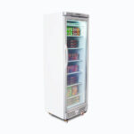 Image of a 300L stainless steel/white upright display freezer with one door, left angled view with frozen food inside.