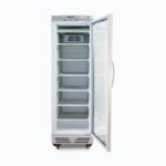 Image of a 300L stainless steel/white upright display freezer with one door opened.