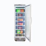 Image of a 300L stainless steel/white upright display freezer with one door opened with frozen food inside.