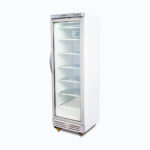 Image of a 300L stainless steel/white upright display freezer with one door, right angled view.