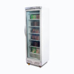 Image of a 300L stainless steel/white upright display freezer with one door, right angled view with frozen food inside.