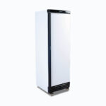 Image of a 300L white upright storage fridge with one door, left angle view.