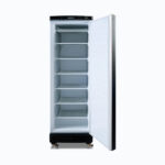 Image of a 300L white upright storage fridge with one door opened.
