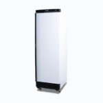 Image of a 300L white upright storage fridge with one door, right angle view.