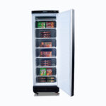 Image of a 300L white upright storage fridge with one door opened with frozen goods inside.