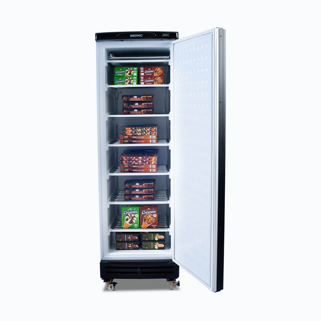Image of a 300L white upright storage fridge with one door opened with frozen goods inside.