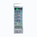 Image of a 440L stainless steel/white upright display freezer with lightbox and one door, front view with frozen food inside.