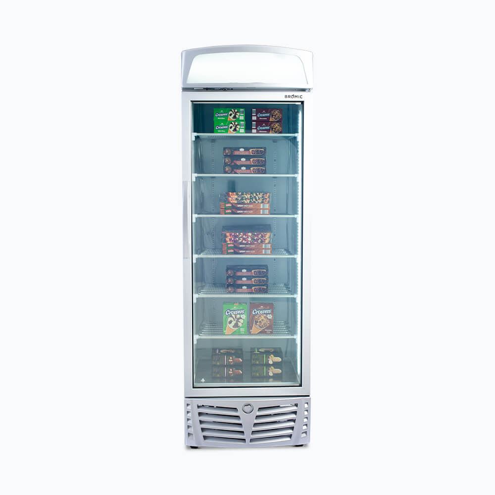 Image of a 440L stainless steel/white upright display freezer with lightbox and one door, front view with frozen food inside.