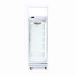 Image of a 444L stainless steel/white upright display freezer with lightbox and one door, front view.