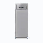 Image of a 650L stainless steel upright storage freezer with one door, front view.