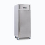 Image of a 650L stainless steel upright storage freezer with one door, left angled view.