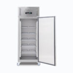 Image of a 650L stainless steel upright storage freezer with one door opened.