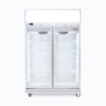 Bromic UF1000LF-NR double glass door upright display freezer with energy-efficient LED lighting and adjustable shelving—perfect for frozen food storage in commercial and retail environments.