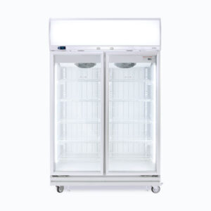 Bromic UF1000LF-NR double glass door upright display freezer with energy-efficient LED lighting and adjustable shelving—perfect for frozen food storage in commercial and retail environments.