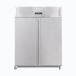 Image of a 1300L stainless steel upright storage freezer with two doors, front view.