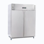 Image of a 1300L stainless steel upright storage freezer with two doors, left angled view.