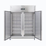 Image of a 1300L stainless steel upright storage freezer with two doors opened.