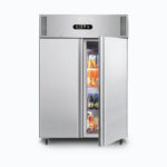 Bromic upright freezer UF1300SDF, open stocked view, providing large storage capacity for frozen goods in commercial kitchens, with efficient energy use for business operations.