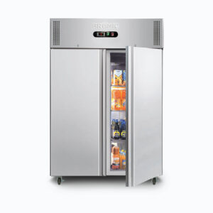 Bromic upright freezer UF1300SDF, open stocked view, providing large storage capacity for frozen goods in commercial kitchens, with efficient energy use for business operations.