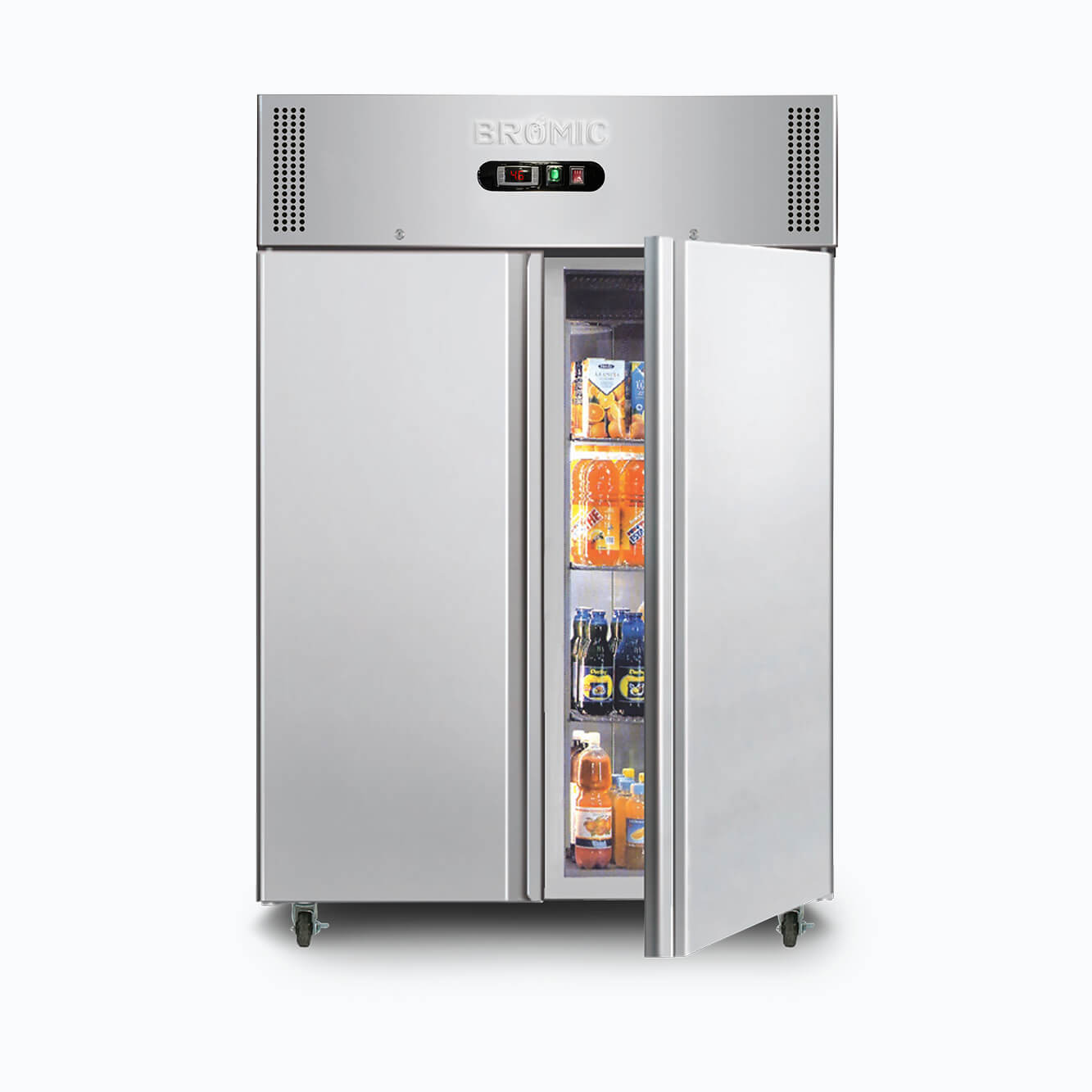 Image of a 1300L stainless steel upright storage freezer with two doors opened with frozen goods inside.