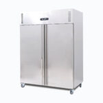 Image of a 1300L stainless steel upright storage freezer with two doors, right angled view.