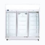 Image of a 1507L stainless steel/white upright display freezer with lightbox and three doors, front view.