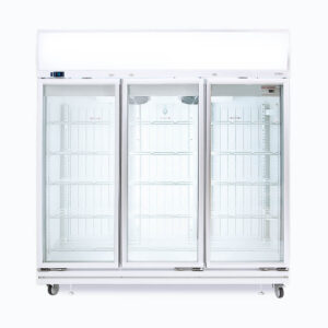 Image of a 1507L stainless steel/white upright display freezer with lightbox and three doors, front view.