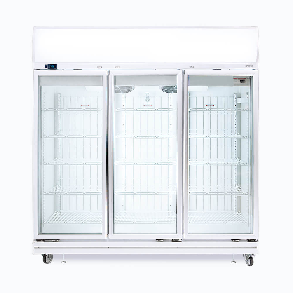 Image of a 1507L stainless steel/white upright display freezer with lightbox and three doors, front view.
