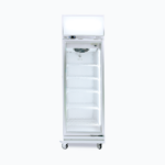 Image of a 444L stainless steel/white upright display fridge with lightbox and one door, front view.