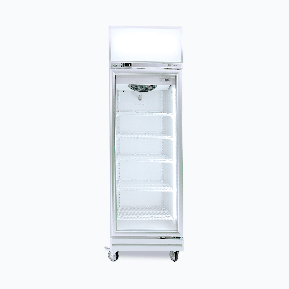 Image of a 444L stainless steel/white upright display fridge with lightbox and one door, front view.