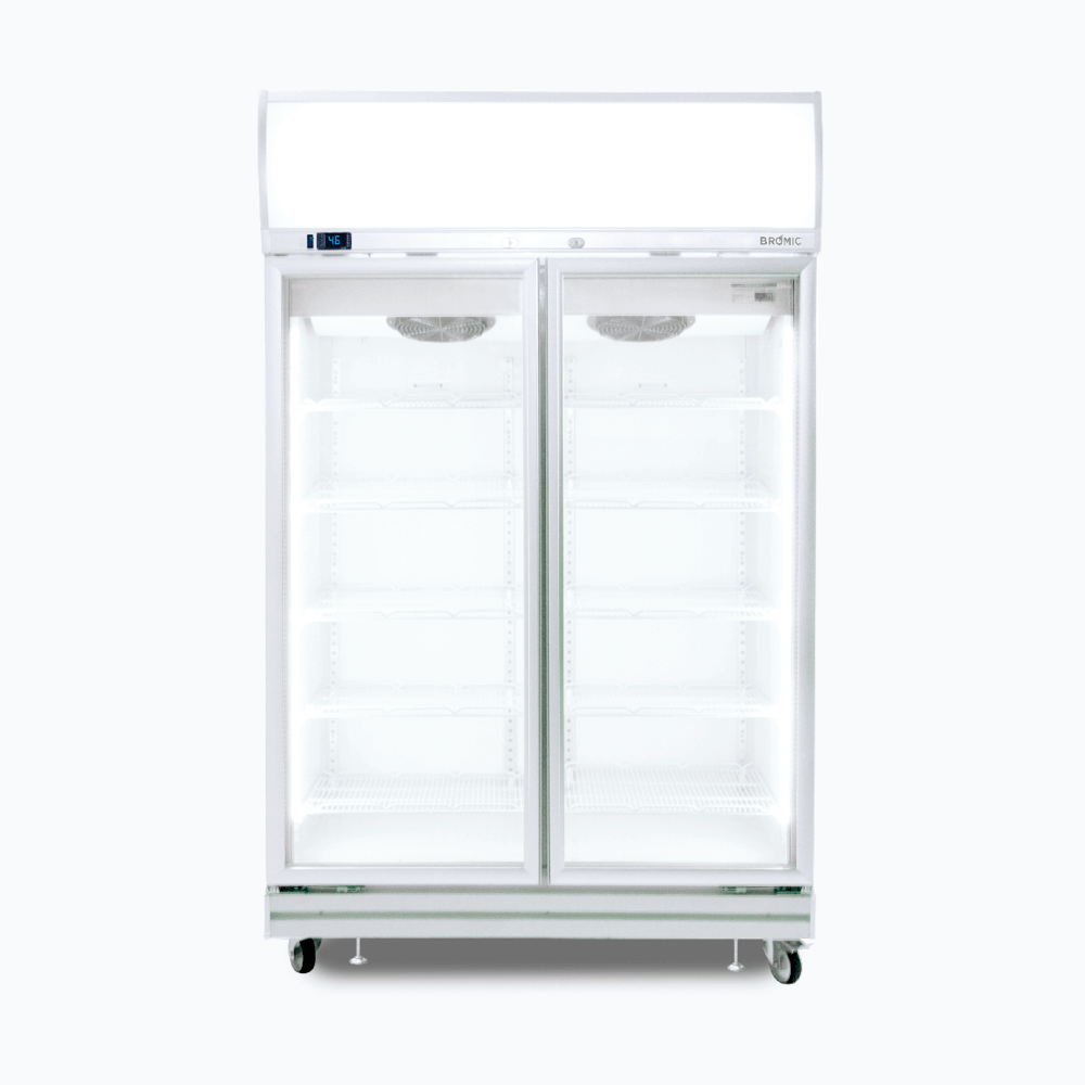 Image of a 976L stainless steel/white upright display fridge with lightbox and two doors, front view.