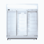Image of a 1507L stainless steel/white upright display fridge with lightbox and three doors, front view.