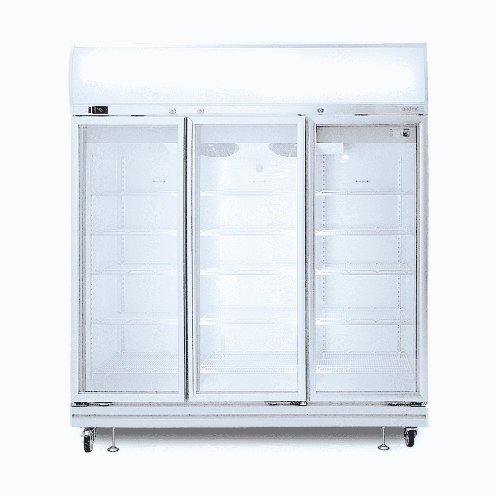 Image of a 1507L stainless steel/white upright display fridge with lightbox and three doors, front view.