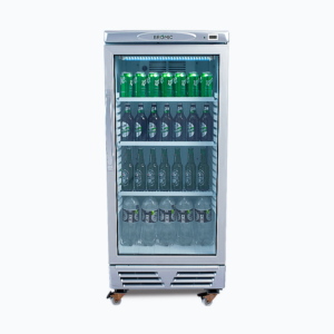 Image of a 215L stainless steel upright display fridge with one door, front view with drinks inside.