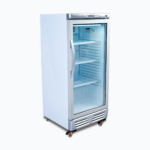 Image of a 215L stainless steel upright display fridge with one door, left angled view.