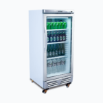 Image of a 215L stainless steel upright display fridge with one door, left angled view with drinks inside.
